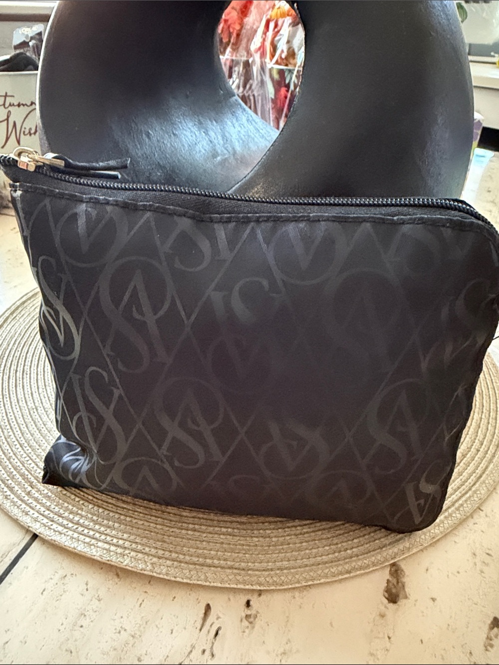Victoria's Secret Black Monogram Nylon Foldable Zipper Travel Pouch Tote